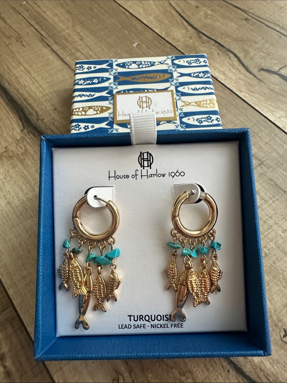 House of Harlow 1960 Gold Hoop Earrings with Turquoise Beads and Fish Charms